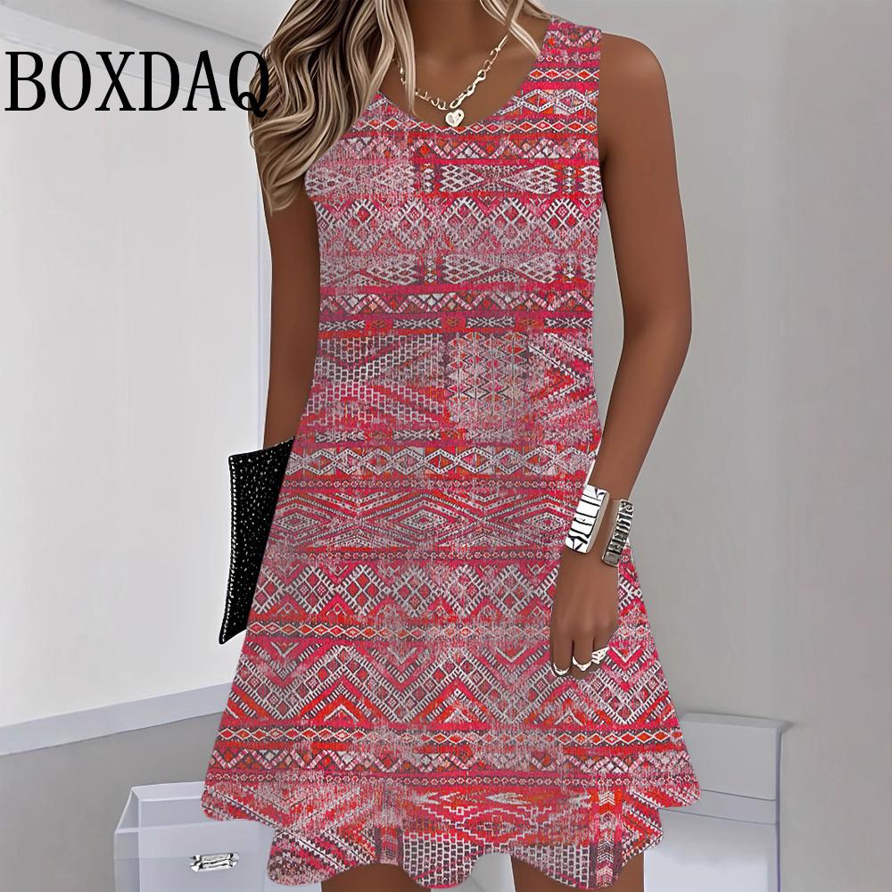 Women Ethnic Pattern Dress Summer Retro Women's Sleeveless 3D Print Loose A-Line Dress Casual Sundress Fashion Female Vest