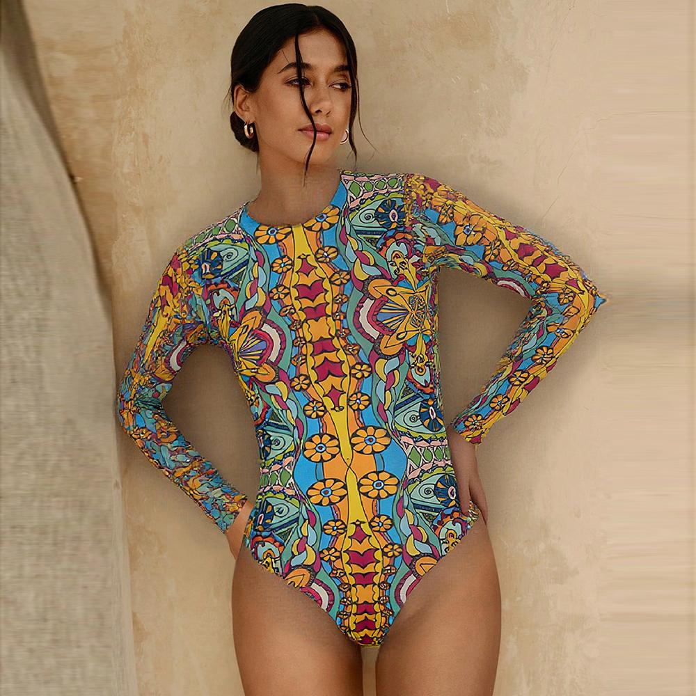2025 Long Sleeve Sheer Sun Protection One-Piece Set Swimsuit Women Sexy Rash Guard Swimwear Bodysuit Beachwear With Coverup