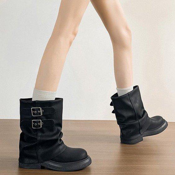 Retro pleated boots stacking boots 2025 spring and autumn new British style Martin boots round head thick heel knight boots short boots women