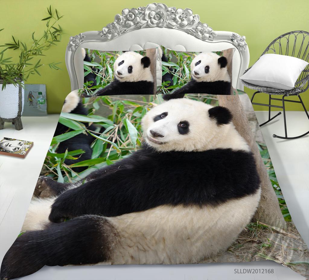 Panda Duvet Cover Set King Queen Cute Animal Different Poses Bamboo Branch Bedding Set Black White 2/3Pcs Quilt Cover