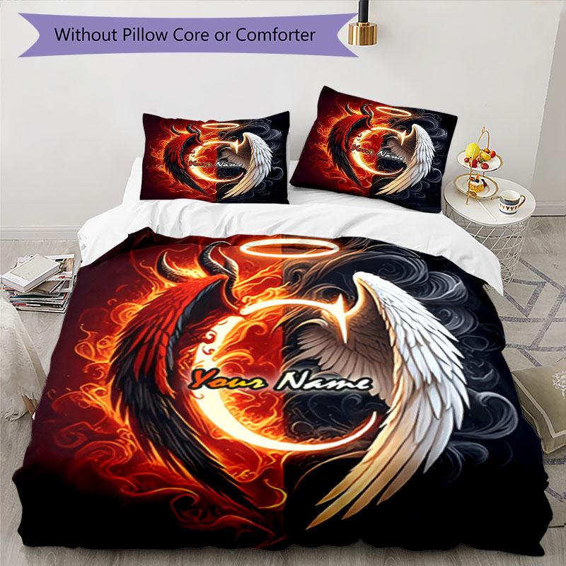3pcs Custom Name Angel Demon Wings Bedding Set Printed Bedding Set Duvet Cover Closure Includes 1 Duvet Cover & 2 Pillowcases Bedroom Decor