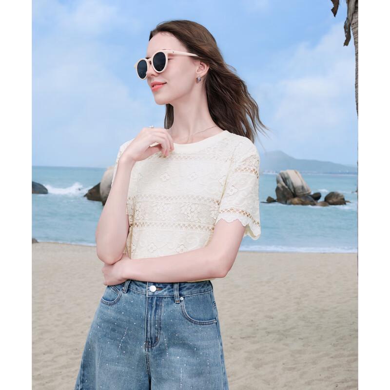Baitu Women's Lace Wave Hem Short Sleeve Top