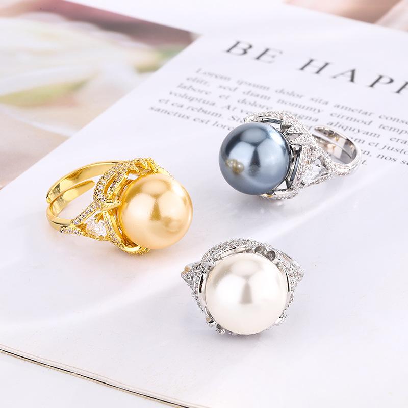Jewelry Copper Platinum Plated Pearl Premium Vintage Ring Women 14Mm
