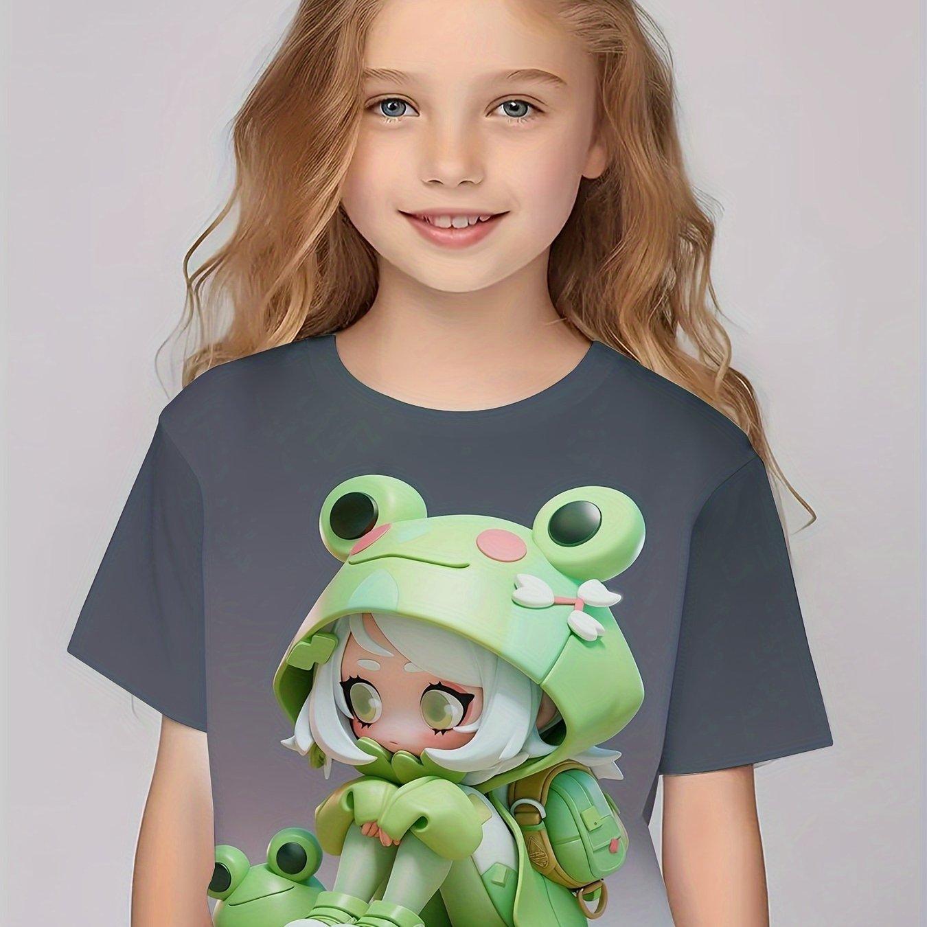 

3D аниме-девушка с рисунком, короткий рукав, круглый вырез, детская одежда, футболка, повседневная, модная, универсальная, удобные летние топы, одежда для девочек 150