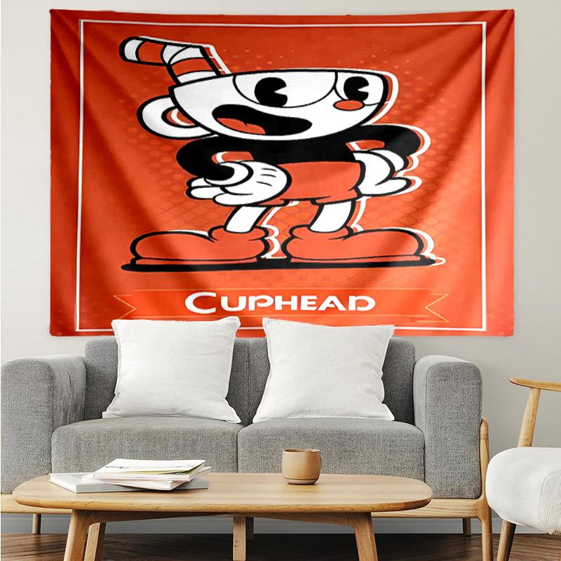 Cuphead Tapestry for Bedroom Aesthetic Classroom Tapestries Wall Hanging for Living Room Dorm Office,Ideal Creative Gift