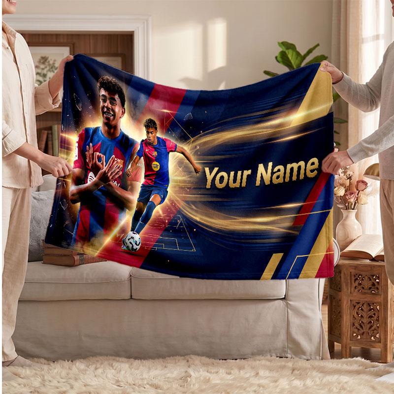 Coperta in pile personalizzata Lamine Yamal con logo del calcio, testo con nome personalizzato, morbida, calda, coperta da divano per la casa