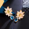 CMM Micro Paved Blue Cubic Zirconia Long Big Geometric Flower Drop Earrings Gold Color Bridal Dress Wedding Jewelry