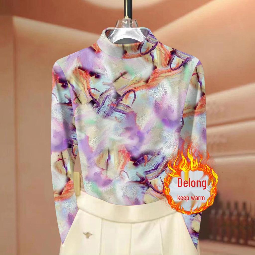 Women's Tie-Dye Ribbed Fleece Half-High Neck Top - Long Sleeve, Warm and Slimming for Autumn and Winter