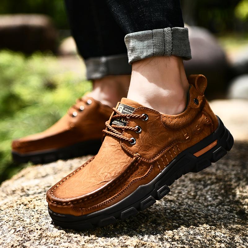 Newest Genuine Leather Men'S Shoes Fashion Tooling Men Casual Outdoor Shoes Lace-Up Non-Slip Comfortable Dad Sheos Men Jeans Boots
