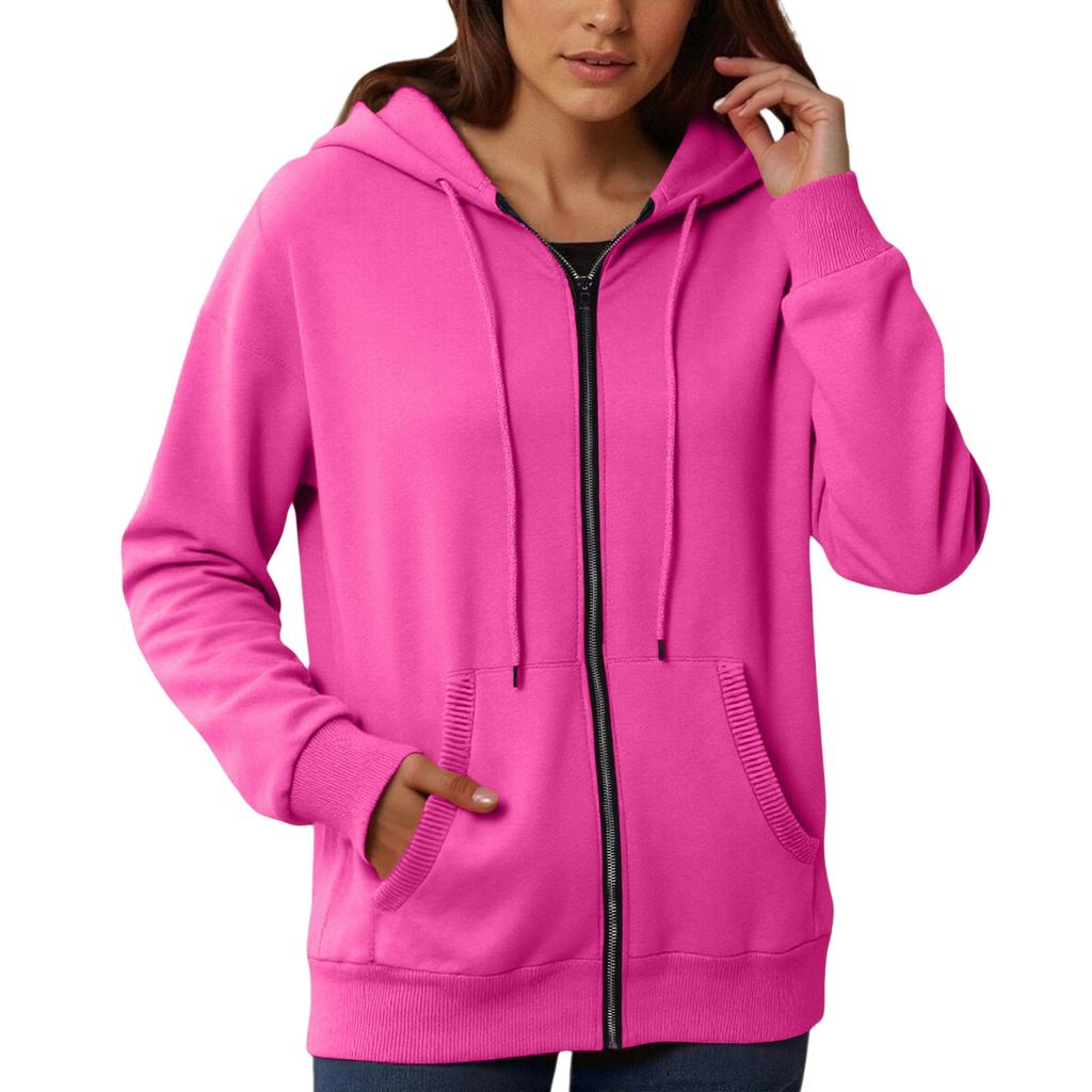 Women's Loose And Comfortable Zipper V-neck Long Sleeved Solid Color Pullover Sweatshirt Jacket