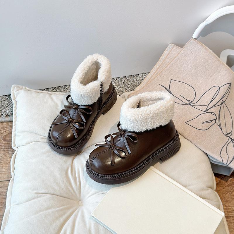 

Зимние детские ботинки 2025 года, новые хлопковые ботинки для девочек, плюшевые корейские бабочки, банты, водонепроницаемые, противоскользящие, удобные детские зимние ботинки 28-inner-17.1CM коричневый