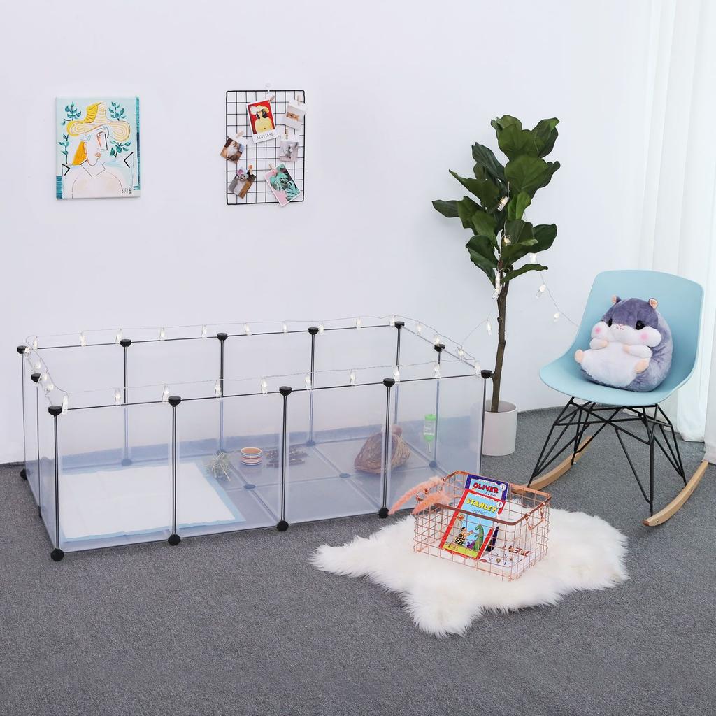 SONGMICS Pet Playpen, Guinea Pig Run and Cage with Floor, Indoor DIY Transparent Plastic Enclosure for Hamsters, Rabbits, Hedgehogs
