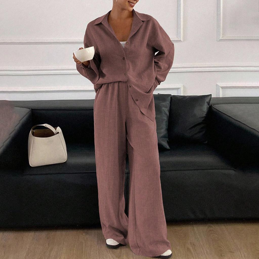 Damen Freizeitanzug Locker Baumwolle und Leinen Langarmhemd Hose Zweiteiliges Set