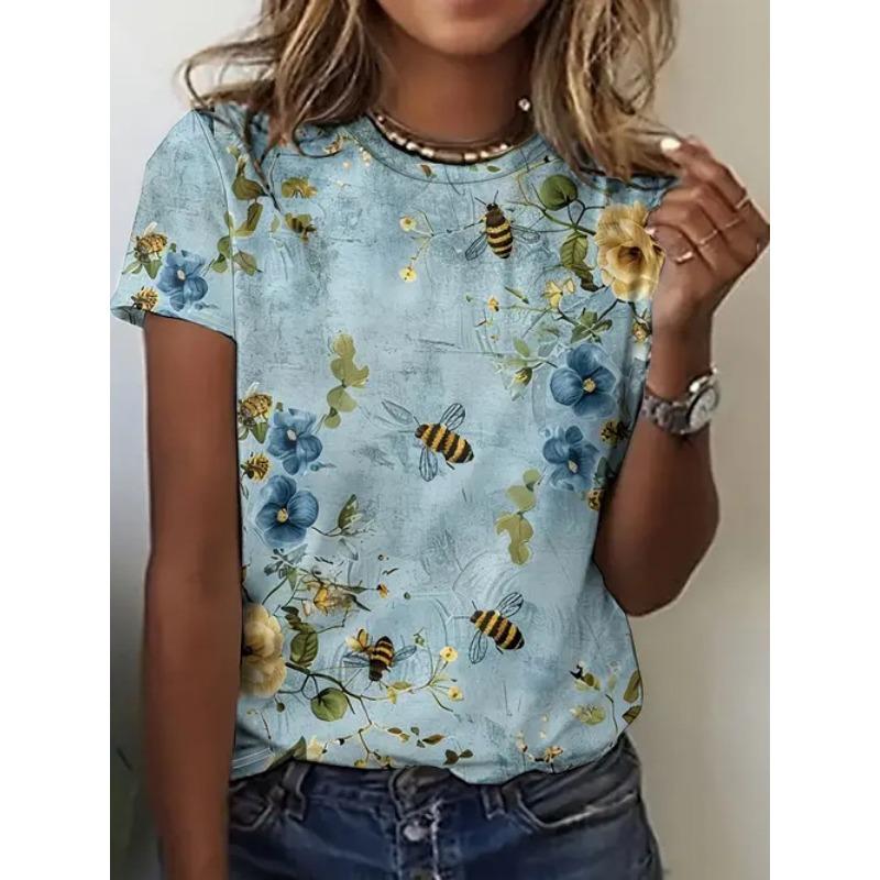 Summer Casual Style Round Neck Pullover Short Sleeved Top with 3D Floral Pattern Printed Women's T-shirts