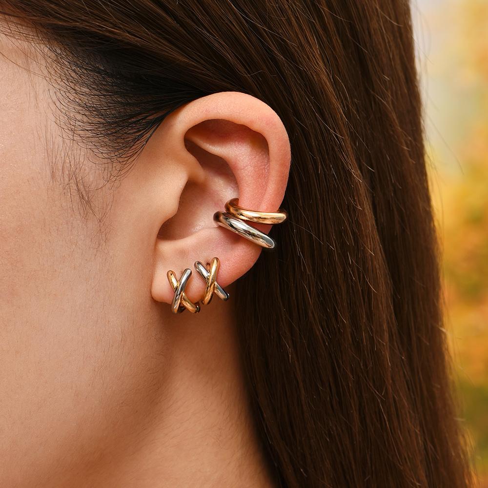 Punk Vergoldete Silber-Mischmetall-Kreuzohrringe für Damen Geometrische Kleine Ohrknochen-Creolen Huggie Hoops Schmuck