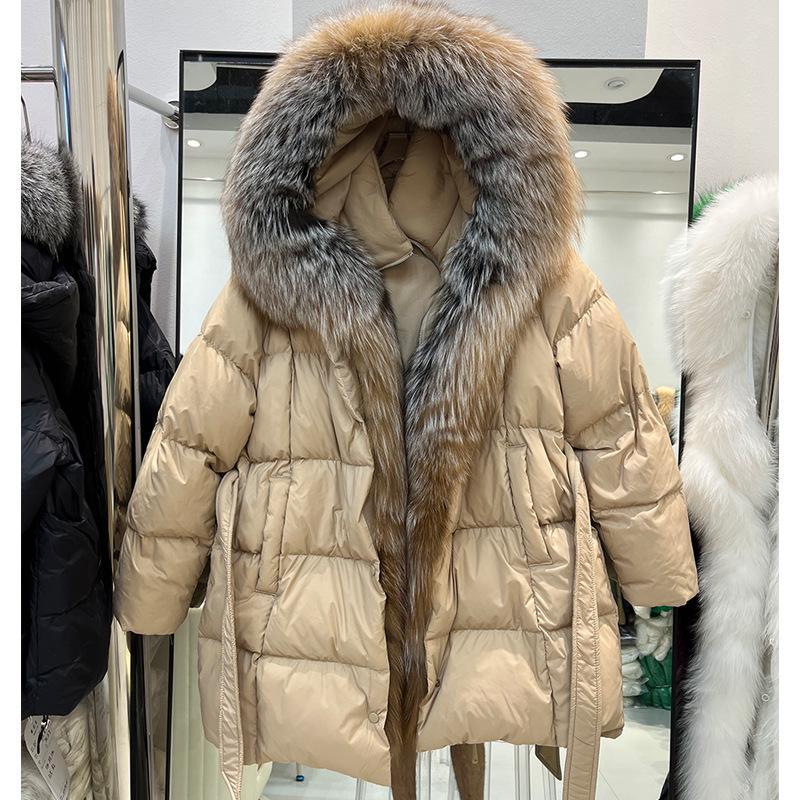 European winter new fur fox fur collar down jacket women's medium and long lace-up waist thickened coat