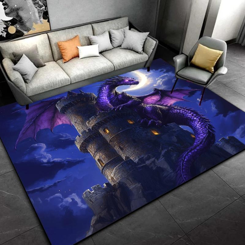 Purple Dragon On Castle Night Sky Printed Flannel Rug Machine Washable Durable Soft Carpet For Living Room Bedroom Fantasy Deco