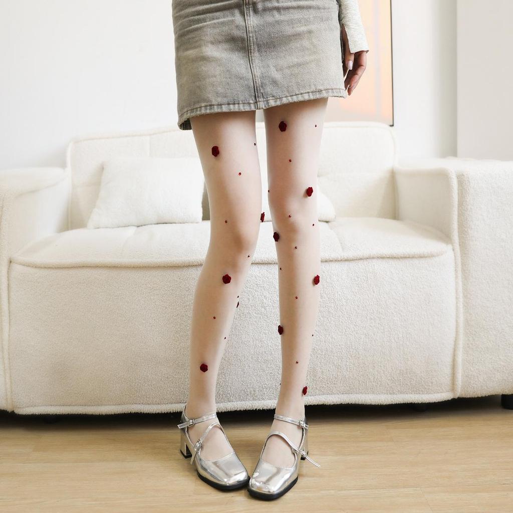 2026 Spring/Summer Women's 3D Red Rhinestone Rose Pattern Anti-Snag Sheer Tights/Stockings