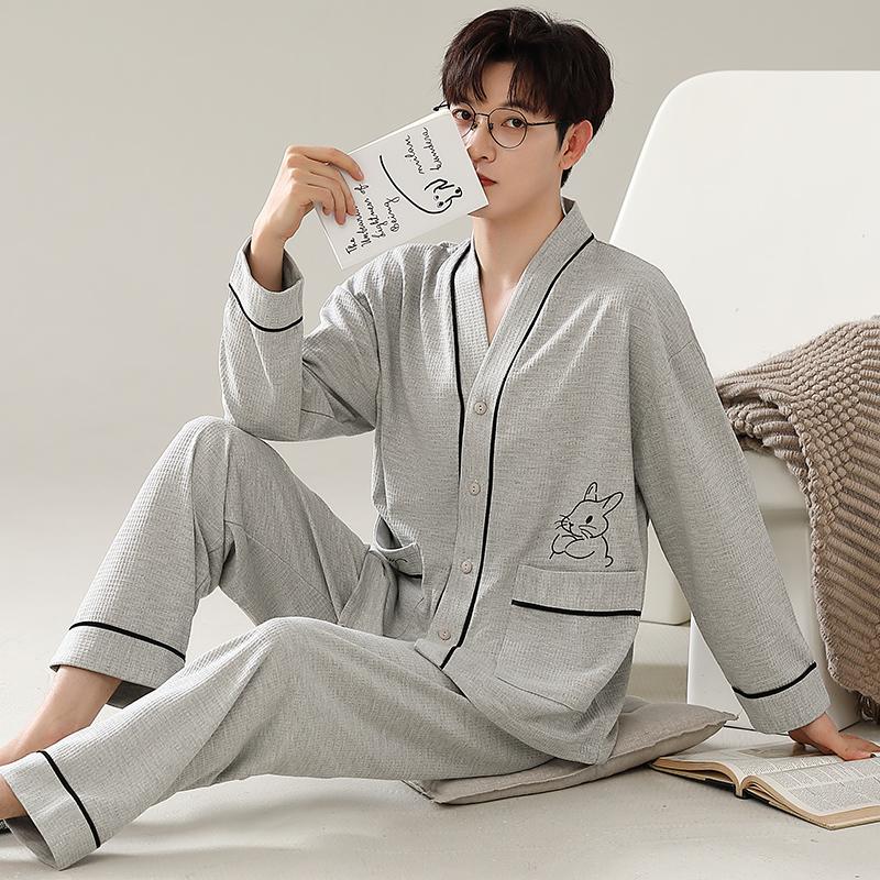 

Мужской пижамный комплект кимоно с длинным рукавом, кардиган из хлопка, весна и осень, домашняя одежда, корейская модная домашняя одежда 5XL for 95-105kg