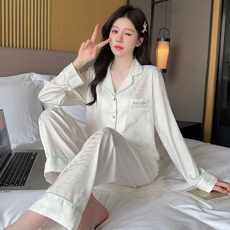 Pajamas women's spring and autumn thin ice silk long-sleeved cardigan large size Internet celebrity suit high-end solid color jacquard loungewear 