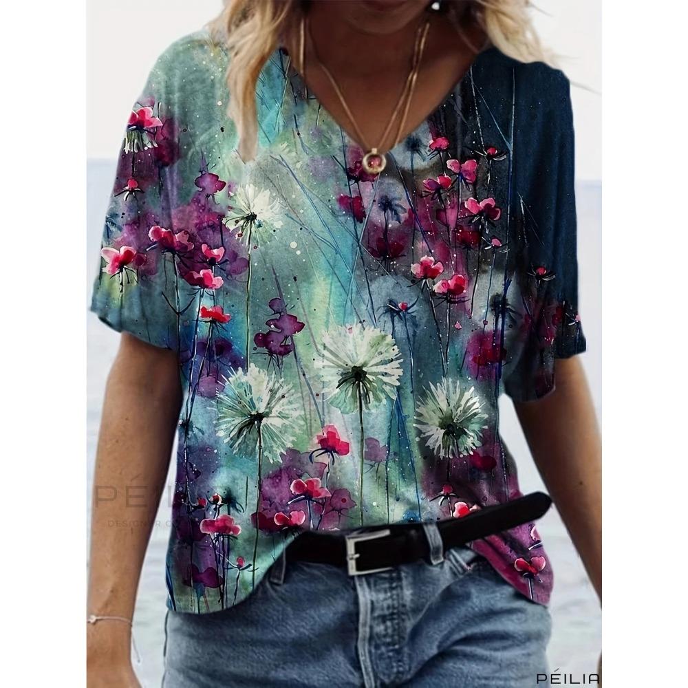 3D retro printed V-neck short sleeved shirt, fashionable women's T-shirt clothing