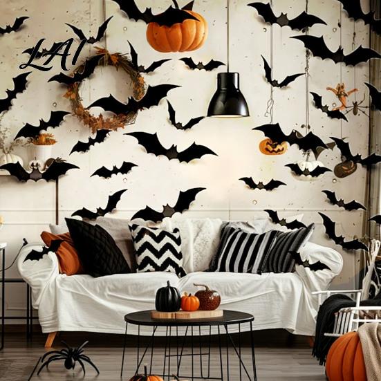 Halloween Bat Wall Stickers 3D Bats Decor Black Stickers Waterproof Shaped Art Scary Plastic DIY Room Decal for Indoor Party Supplies Outdoor Decor