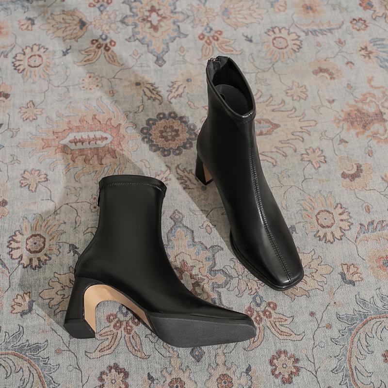 Maillard Style Thick Heel Medium Boots Children's Autumn and Winter New Velvet French Bare Boots with Skirt Elastic Thin Boots