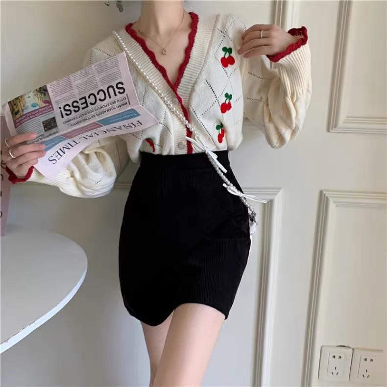 Korean Style Petite High-Waist Corduroy A-Line Skirt: Black Slimming Midi & Mini Skirt for Autumn/Winter