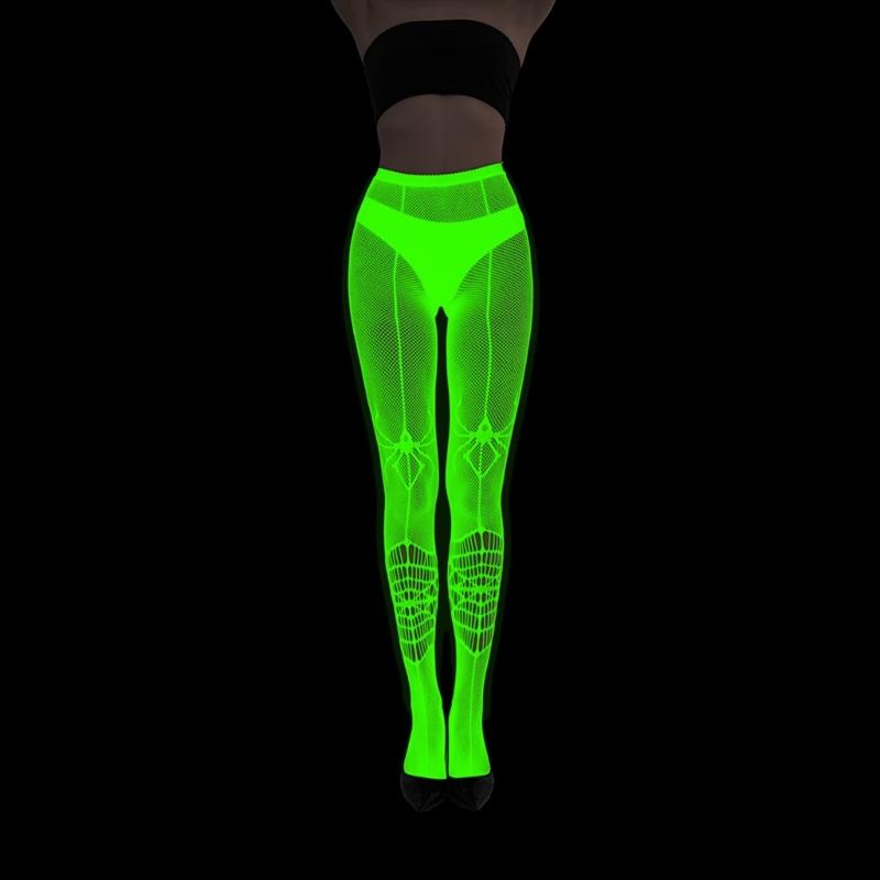 Women Glow in Dark Halloween Fishnet Pantyhose Luminously Spiderweb Skull Pattern Mesh Tights Stockings Party Hosiery