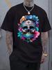 Floral Skull Graphic T-shirt - Casual Crew Neck Short Sleeve Tee with Vibrant Day of the Dead Design