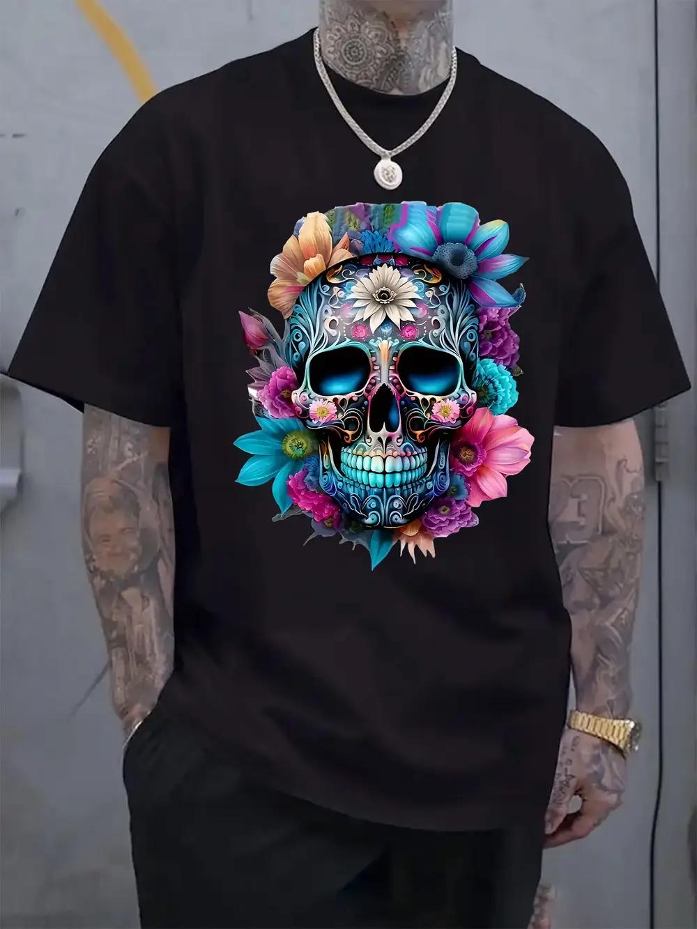 

Floral Skull Graphic T-shirt - Casual Crew Neck Short Sleeve Tee with Vibrant Day of the Dead Design M