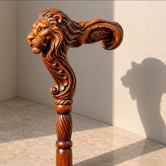 Hand Carved Lion Head Walking Stick Handmade Wooden Gentleman Cane Luxury Collectible Mobility Aid Grandpa Gift Travel