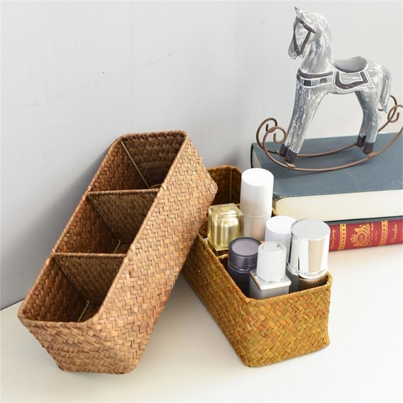 Storage Basket Sea Grass Stationery and Makeup Box Desktop Organizer Box with Compartments for Office and Home Use