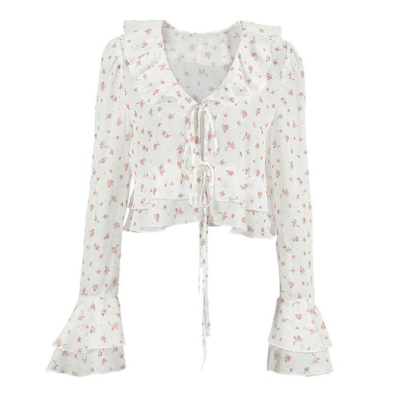 

Fashion 2025 Spring Print Shirt Cascading Ruffles V Neck Chiffon Casual Long Sleeves Tops White L(Suggested 57.50 kg-62.50 kg)
