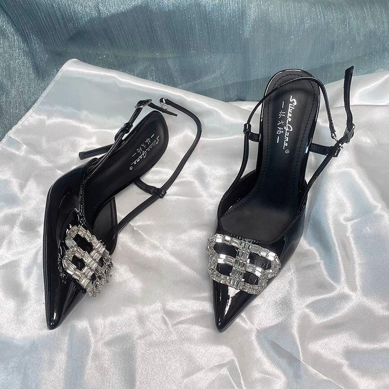 Shallow mouth one-word single shoe buckle temperament B rhinestone belt niche pointed sandals high heels