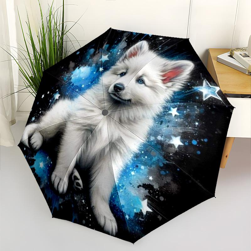 Cute Fluffy Puppy Print Folding Umbrella, Blue Starry Sky Design Compact Sun/Rain Umbrella