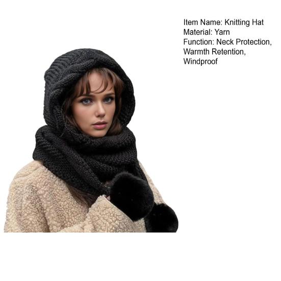 Vinter Varm Stickad Mössa Enfärgad Plyschbollsdekor Vriden Textur Ull Huva Halsduk Hatt Kallt Väder Huvudbonad