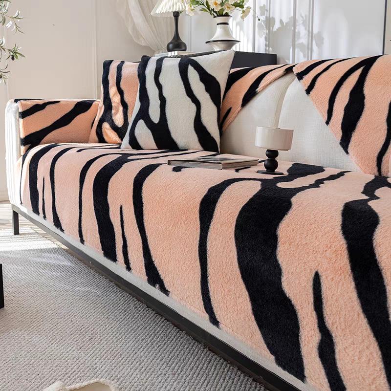 Mink Texture Plush Sofa Cushion Winter Thick Imitation Rabbit Plush Seat Cushion Warm Non-slip Zebra Pattern Sofa Towel