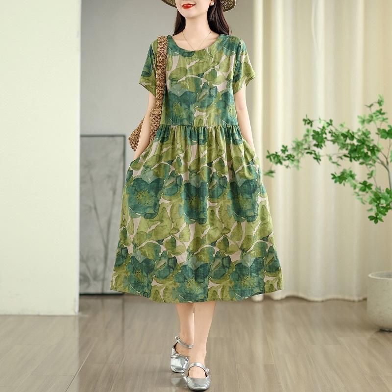Kurzarm Plus Size Baumwolle Vintage Blumenmuster Neu in Kleidern für Damen lässig locker langes Sommerkleid