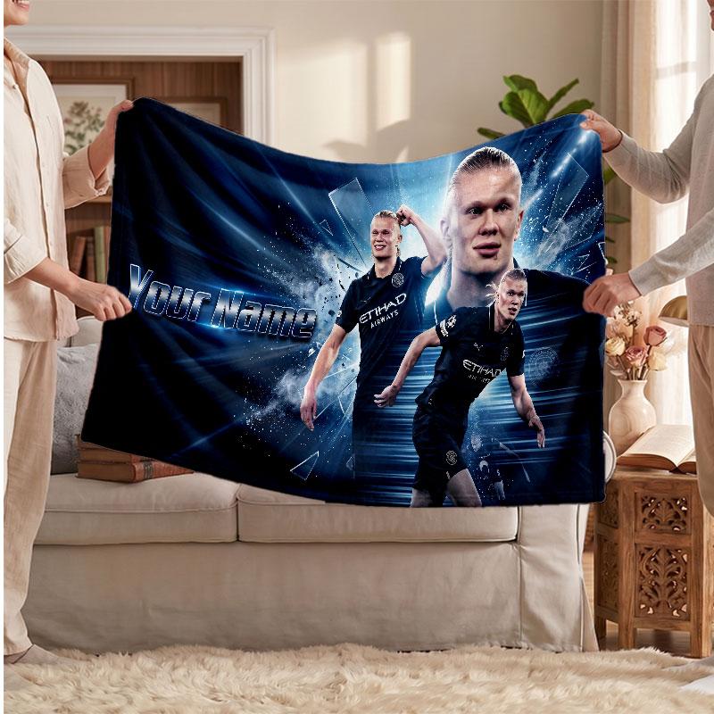 Erling Haaland Personalized Fleece Blanket With Football Logo, Custom Name Text Soft Warm Home Throw Blanket
