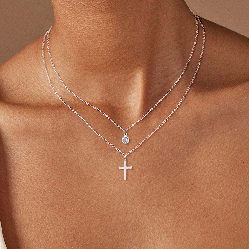 Stainless Steel Gold Color Cross Pendant Necklaces For Women Fashion Metal Double-layer Chain Necklace Zircon Gift