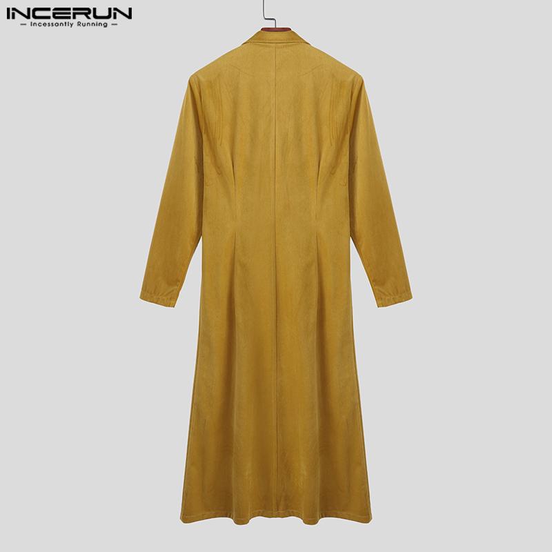 INCERUN Autumn Men Long Sleeve High Splits Open Front Long Corduroy Coats Windbreaker