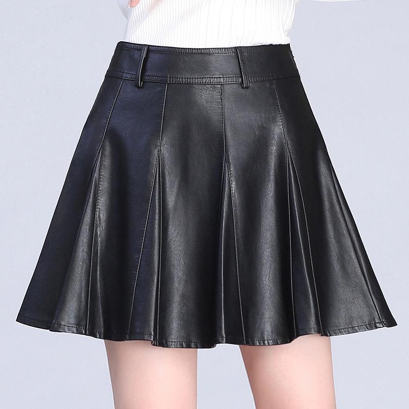 2022 High-Waisted A-line PU Faux Leather Pleated Skirt - Autumn/Winter Women's Stylish Short Umbrella Skirt
