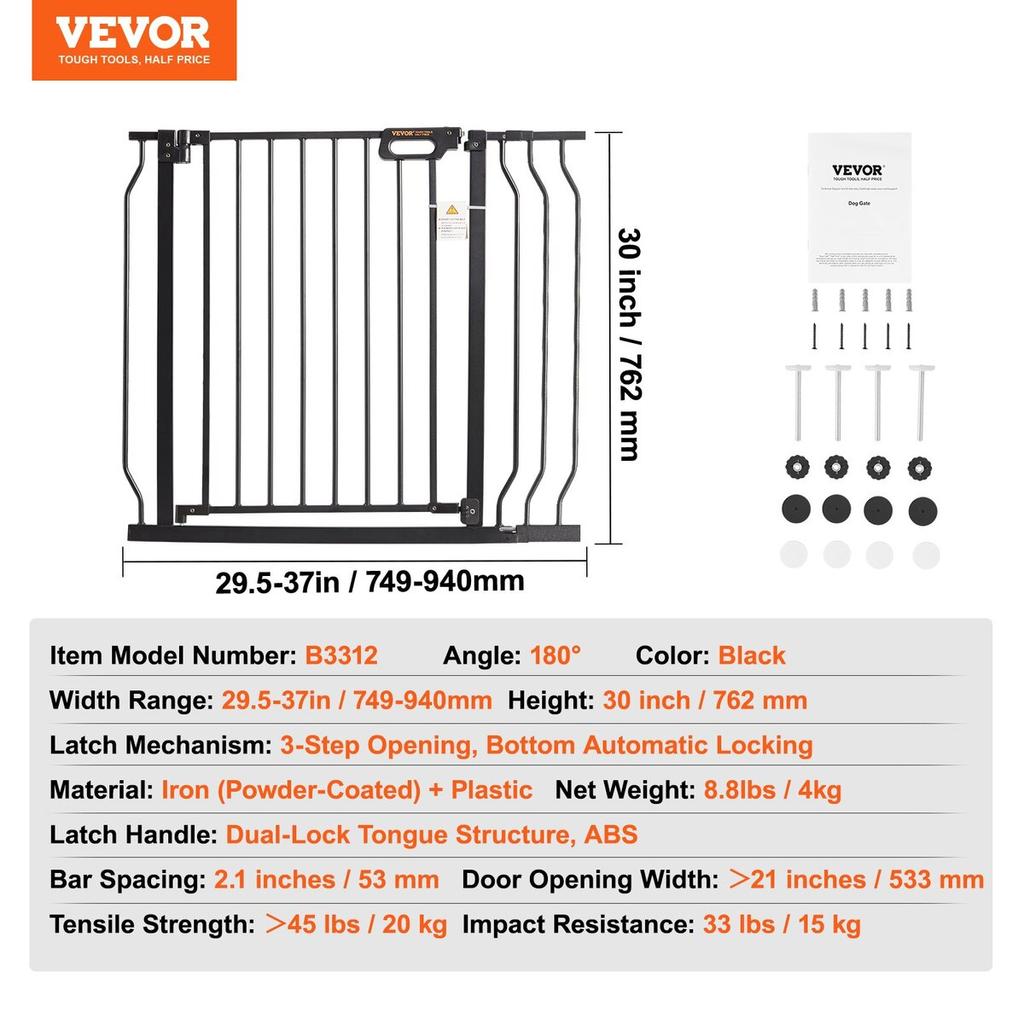 Baby Gate, 29.5"-39" Extra Wide, 30" High, Dog Gate for Stairs Doorways and House, Easy Step Walk Thru Auto Close Child Gate Pet Security Gate with