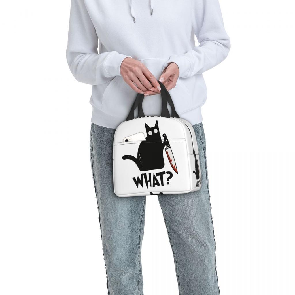 Cat What Murderous Black Cat With Knife Insulated Lunch Bag for Women Children Leakproof Food Boxes Thermal Lunch Box Tote