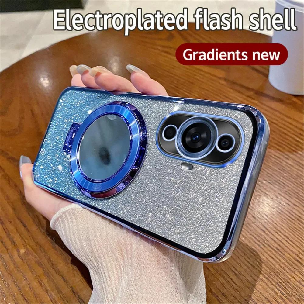 Magnetic Mirror Holder Plating Glitter Phone Case For Huawei Nova 12 11 10 9 8 7 Pro 6 5 7i 9Z 5T 10SE 9SE 8SE 7SE 6SE Y70 Cover