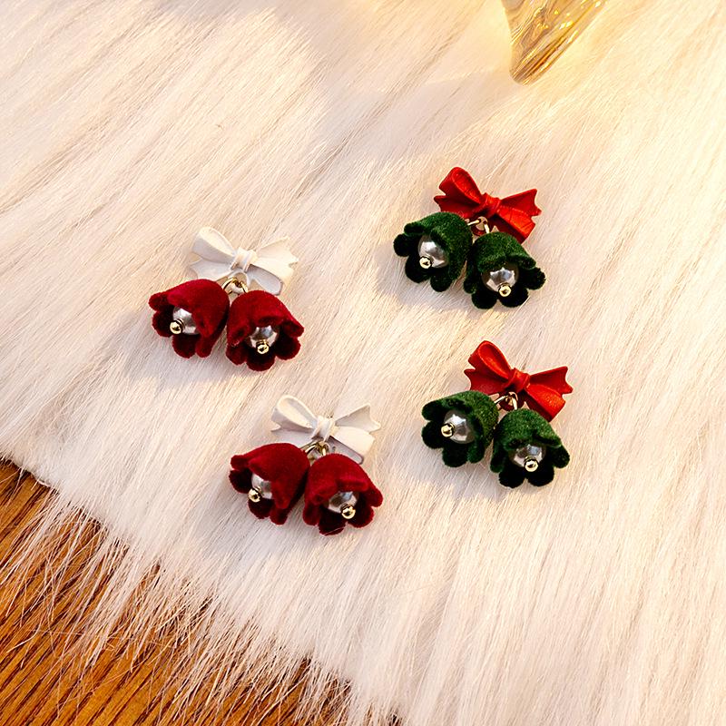 

Retro Wine Red & Pearl Bell Dangle Earrings - French Style Christmas Jewelry for Women