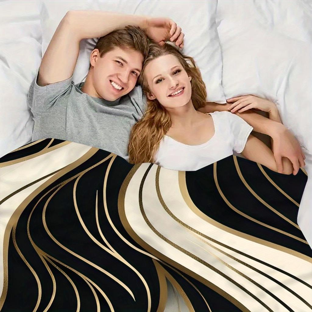 1pc Modern Abstract Ripple Throw Blanket - Black & Golden Accent Design, Soft Flannel All-Season Warmth for Home, Office, Campin