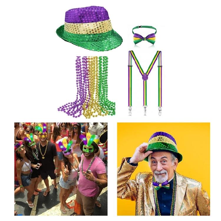 Mardi Gras Party Dress Up Set Sequins Fedora Cap Neckwear Braces Festival Supply
