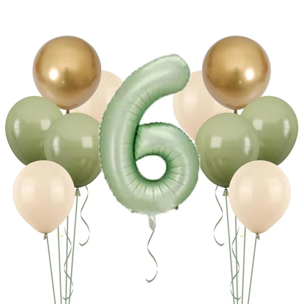 11pcs 32 Inch Sage Green Number Balloons Set Sand White Avocado Green Gold Latex Balloons for Boy Girl 1st Birthday Decorations